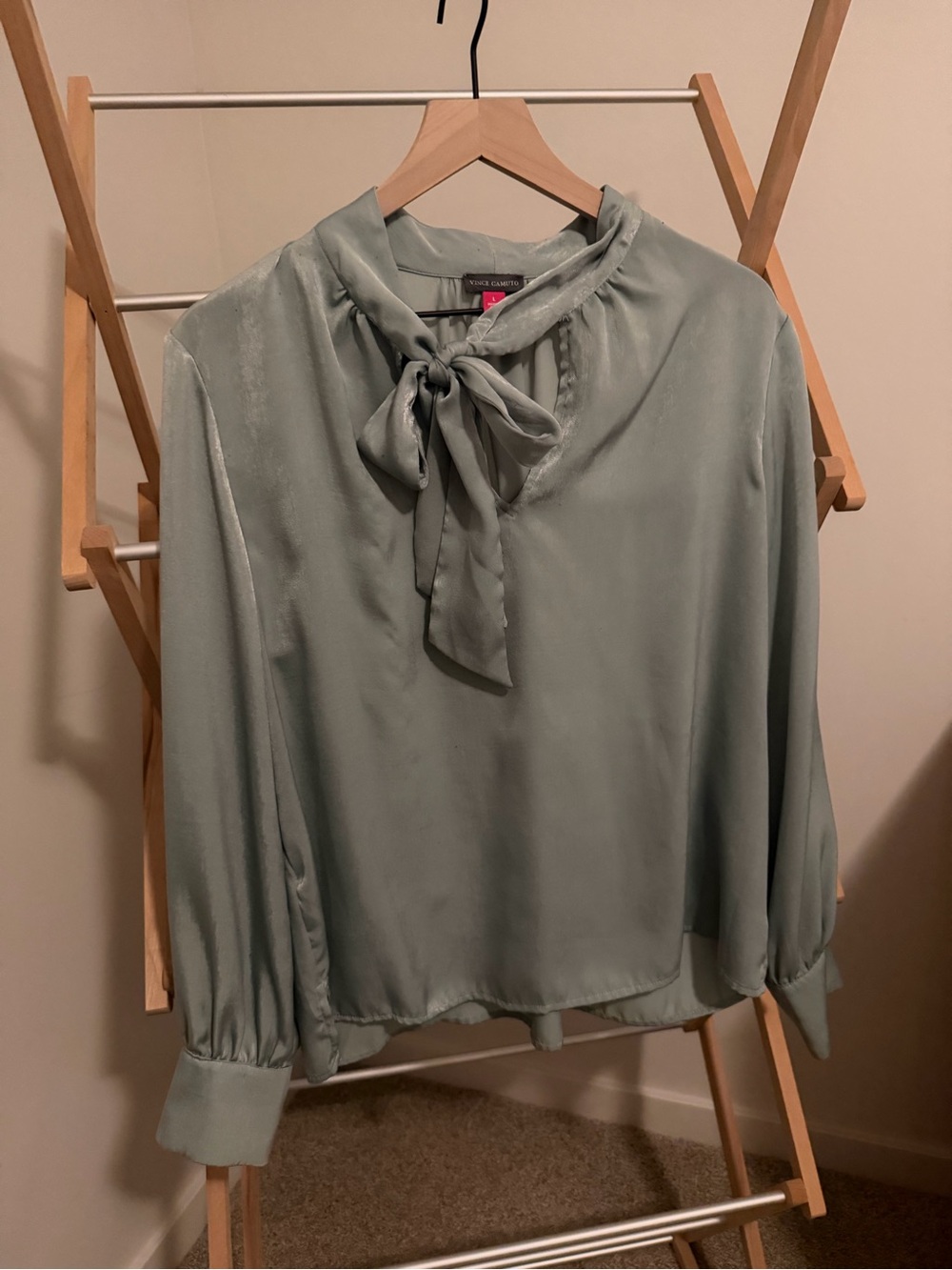 Vince Camuto Sage Green Satin Tie-Neck Blouse